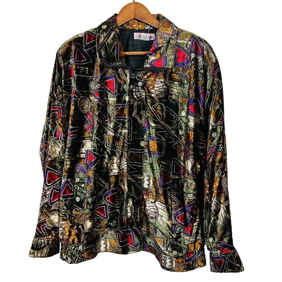 Vintage 80s KoCal Full Zip Velvet Metallic Jacket Abstract Art Print Mobwife XL - Picture 1 of 4
